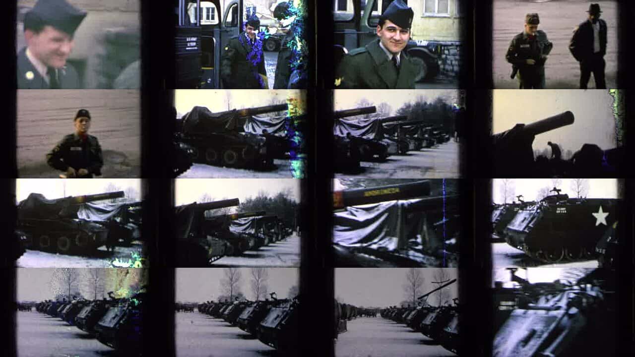 Home movie collage of soldiers and military vehicles at a base.