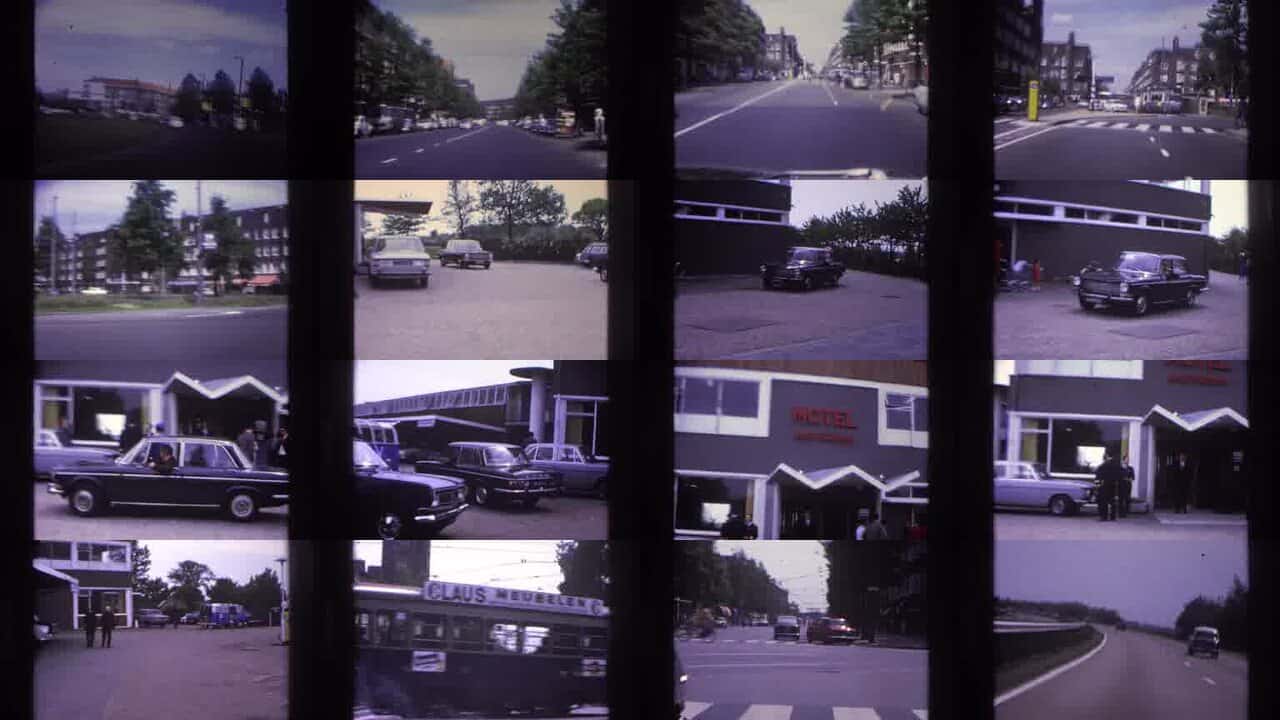 1960s Paris street life collage with cars, sidewalks, and storefronts.