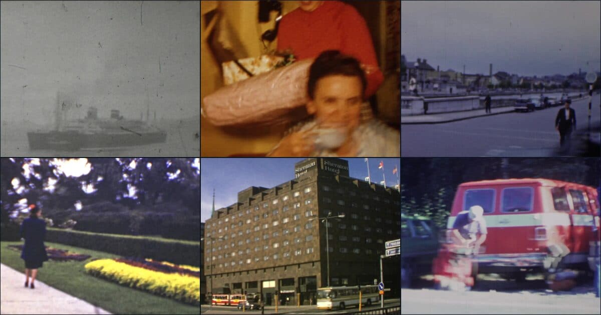 Six restored home-movie frames from the Stockfilm archive: a 1939 San Francisco steamship, a 1955 Idaho gift opening, a 1961 Dublin street, a 1940 Ontario garden, a 1975 Stockholm street corner, and a 1977 Alaska camper van