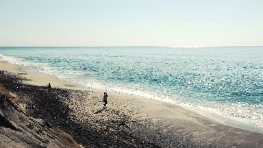 Fisherman Walking Alone by the Ocean