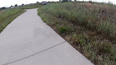 Skateboarder Riding Down A Sidewalk Near A Grassy Hill