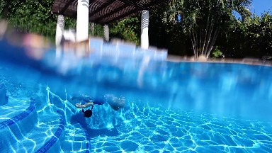 Young Boy Swimming In A Pool With A Blue Background