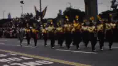 California USA (1961): Kentucky Marching Band Parading Down Street