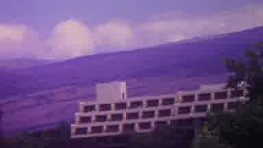 HAWAII USA-1962: Panoramic View Of Modernist Building With Mountains And Trees