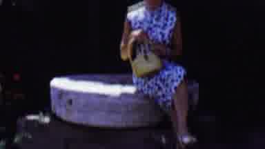 SOLVANG CALIFORNIA USA-1955: Lady Sitting on Cement Block, Family Walking in Field