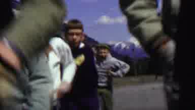 Farragut State Park Idaho USA (1967): Boy Scouts Running Together One Flops On