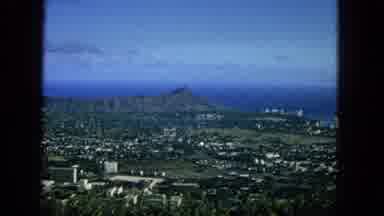 1965:EASTER MOLOKAI WHALES BEACH PARADE ALOHA TOWER. View Across Land From Above