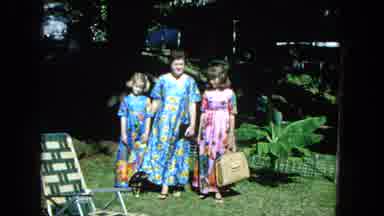 1965:EASTER MOLOKAI WHALES BEACH PARADE ALOHA TOWER. Mom And Two Daughters Pose