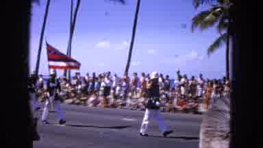 1965:EASTER MOLOKAI WHALES BEACH PARADE ALOHA TOWER. Military Group Marching In