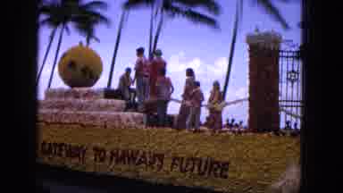 1965:EASTER MOLOKAI WHALES BEACH PARADE ALOHA TOWER. People Riding On A Parade