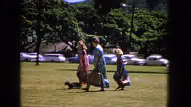 1965: Mother And Two Daughters Walking In Park With Dog, Girl Scouts On Roadside
