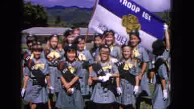 1965:EASTER MOLOKAI WHALES BEACH PARADE ALOHA TOWER. Honolulu Girl Scout Troop