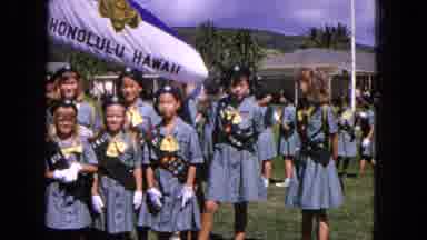 1965:EASTER MOLOKAI WHALES BEACH PARADE ALOHA TOWER. Scouts Assembling In