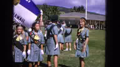 1965:EASTER MOLOKAI WHALES BEACH PARADE ALOHA TOWER. Some Girls With Uniforms.