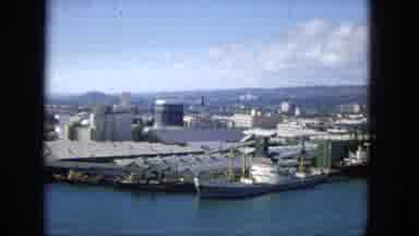 1965:EASTER MOLOKAI WHALES BEACH PARADE ALOHA TOWER. The Port