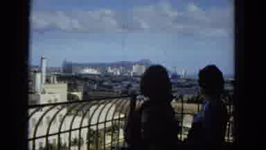 1965:EASTER MOLOKAI WHALES BEACH PARADE ALOHA TOWER. Kids Looking Out Across The