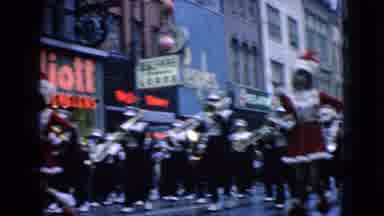 Wellsburg Iowa (1965): Holiday Parade Marching Band Baton Twirlers Main Street