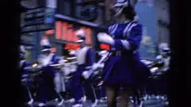Wellsburg Iowa (1965): Marching Band Performing In Parade As Crowd Looks On