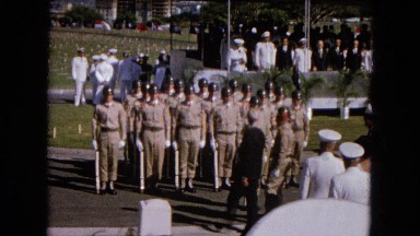 1966: Ceremony At Punchbowl Lake IN Wilson Kapiolani Park, Panning Monument With Stone Pillars