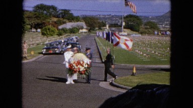 1966: Ceremony At Punchbowl Lake IN Wilson Kapiolani Park, Panning Monument With Stone Pillars