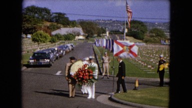 1966: Ceremony Punchbowl Lake Wilson Kapiolani Park. Panning A Monument With Stone Carvings