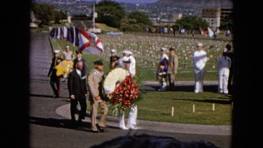 1966: Ceremony Punchbowl Lake Wilson Kapiolani Park. Panning A Monument With Stone Carvings