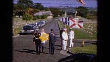 1966: Ceremony Punchbowl Lake Wilson Kapiolani Park. Panning A Monument With Stone Pillars
