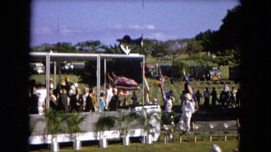 1966: Ceremony at Punchbowl Lake in Wilson Kapiolani Park, Panning a Monument with Stone Carvings