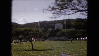 1966: Ceremony At Punchbowl Lake IN Wilson Kapiolani Park, Panning Monument With Stone Pillars