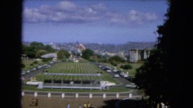 1966: Ceremony Punchbowl Lake Wilson Kapiolani Park. People Setting Up At The Stage
