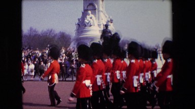 London England (1967): Soldiers March In Front Of Crows And Monument