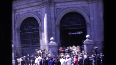 Madrid Spain (1967): Event With People Crowded In Front Of A Large Cement Building