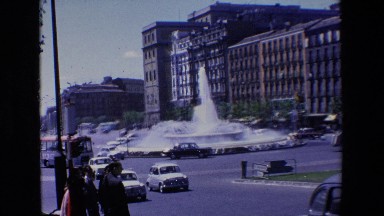 Madrid Spain (1967): City Traffic Around A Beautiful Spouting Fountain