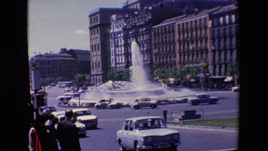 Madrid Spain (1967): Elaborate Water Fountain In Busy Traffic Circle