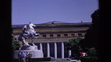 Madrid Spain (1967): A Statue Of A Horse And Rider Stands In Front Of A Building