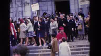 PARIS FRANCE-1969: Protest Outside Government Building With Clergy and Signs