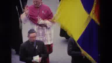 Paris France-1969: Bishop Leading Religious Procession With Clergy And Flag Bearers