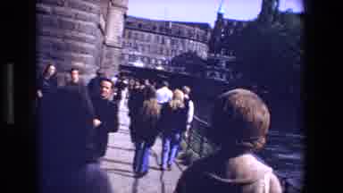 STRASBURG FRANCE-1970: People Traveling Walking on Bridge with Boat