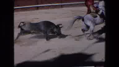 Barcelona Spain (1971): Bull Pursues Light Horse Torero Torada Red Swords