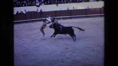 Barcelona Spain (1971): Bull Running Over Group Of Men In Arena