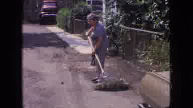 New Jersey USA (1966): Single Elderly Woman Raking Leaves; Family Of 8 Gathered