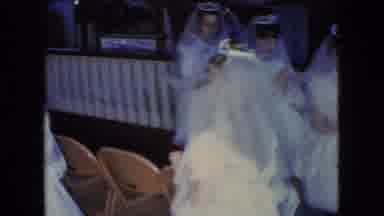 Ohio USA (1966): Group Veiled Girls White Walking Parading Big Event Building