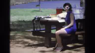 Lake Tahoe Nevada USA (1973): A Woman Dressed In A Blue Dress Sits At A Picnic