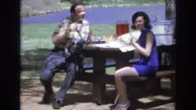 Lake Tahoe Nevada USA (1973): 2 People Sitting At A Picnic Table One Man Is