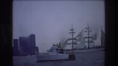 New York City USA (1976): Sailing Ship With Three Masts Passess Smaller Boat