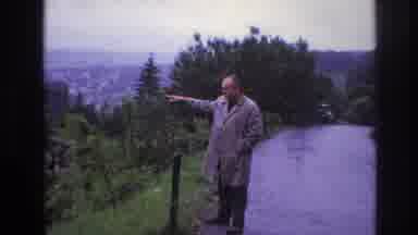 France (1967): Old Men Trench Coat Pointing Old Castle Surrounded Green Trees