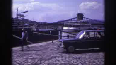 France (1967): Car, People, Bridges, Walking Path, River, Sky, Cloud, A Car Parked