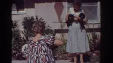 Yorba Linda California USA (1962): Grandma And Grandpa Outside With Dogs