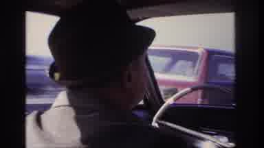 Hoboken New Jersey USA (1966): Old Big Man Driving Fast Highway Passing Tall