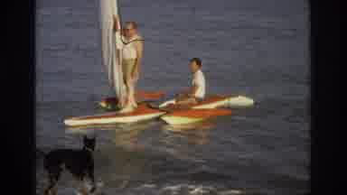 Ocean City New Jersey USA (1968): Two Men On A Sailboat And A Dog